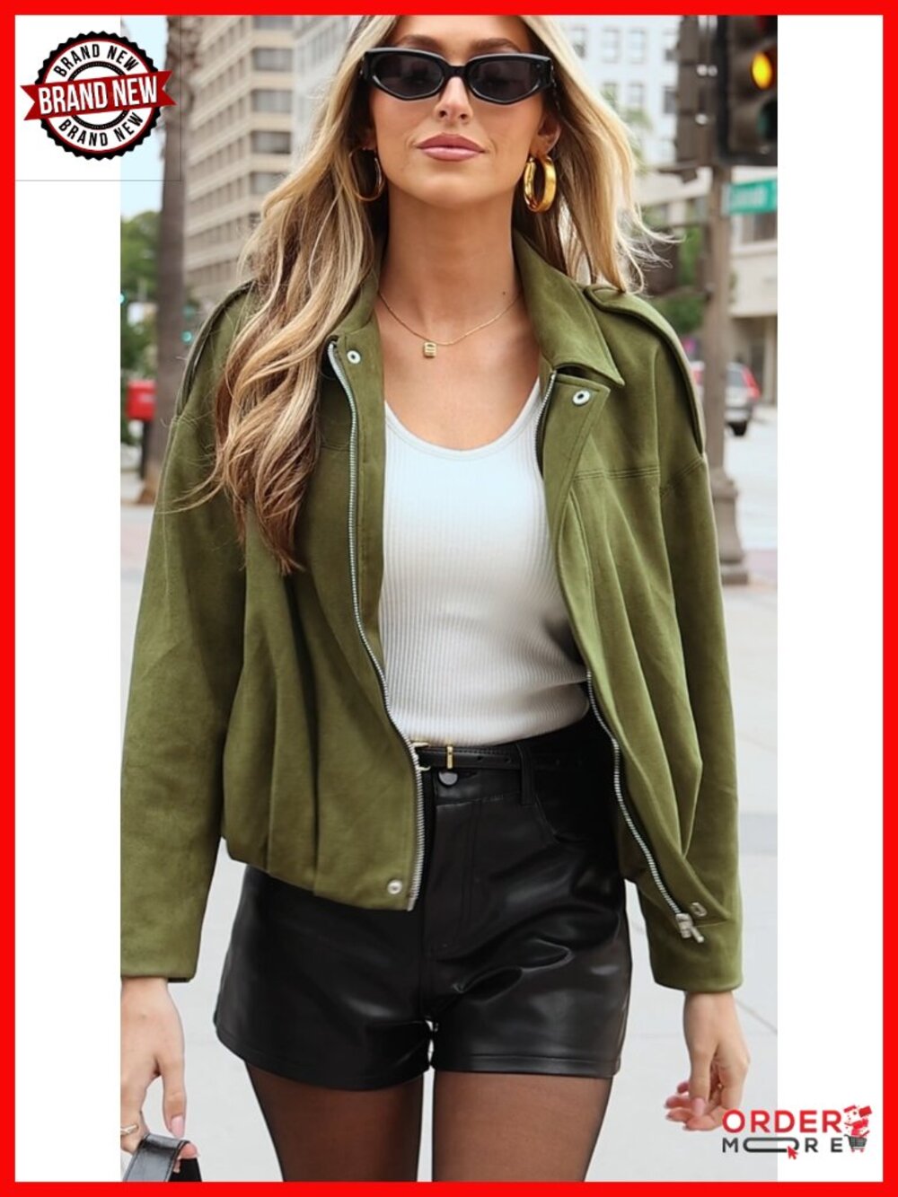 Faux Suede Cropped Bomber Jacket Batwing Sleeve Fall Casual - Picture 6 of 6